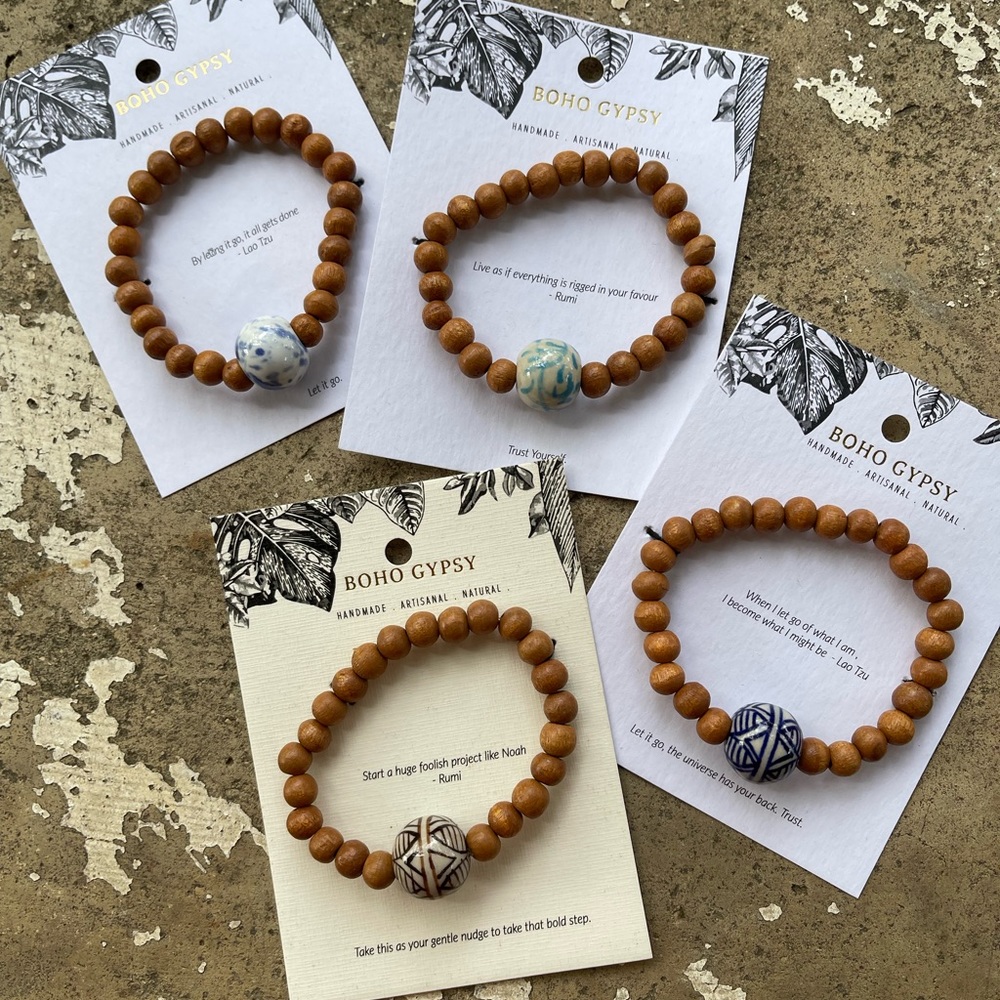 4  ceramic bead and wood braclets